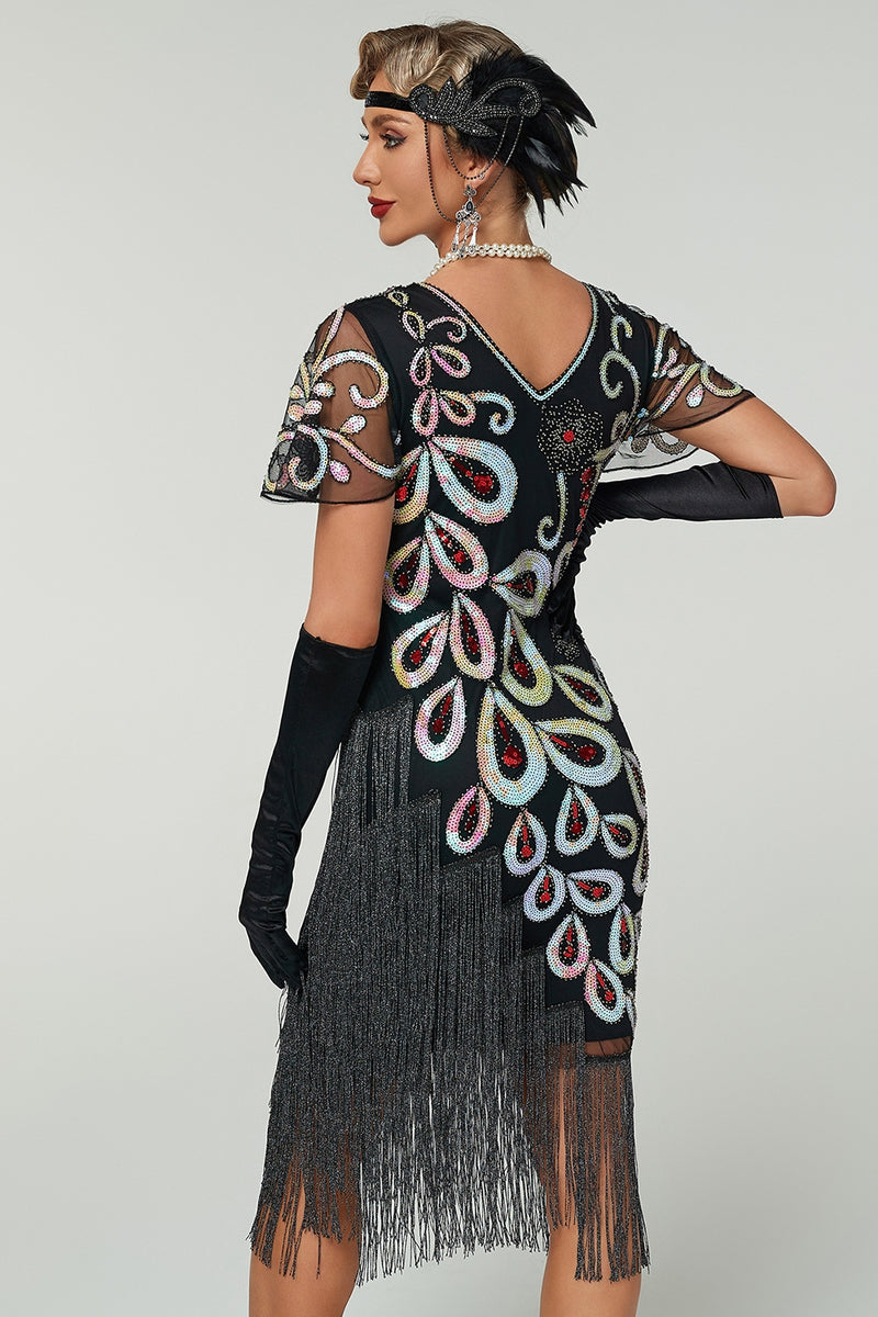 Load image into Gallery viewer, Black Sparkly Bodycon V-Neck Sequins Fringed Midi 1920s Dress with 20s Accessories Set