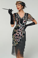 Load image into Gallery viewer, Black Sparkly Bodycon V-Neck Sequins Fringed Midi 1920s Dress with 20s Accessories Set