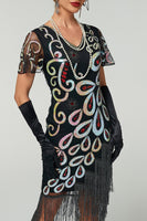 Load image into Gallery viewer, Black Sparkly Bodycon V-Neck Sequins Fringed Midi 1920s Dress with 20s Accessories Set