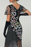 Load image into Gallery viewer, Black Sparkly Bodycon V-Neck Sequins Fringed Midi 1920s Dress with 20s Accessories Set