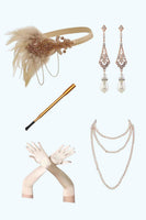 Load image into Gallery viewer, White Golden Sparkly V-Neck Sequins Fringed Midi 1920s Dress with 20s Accessories Set