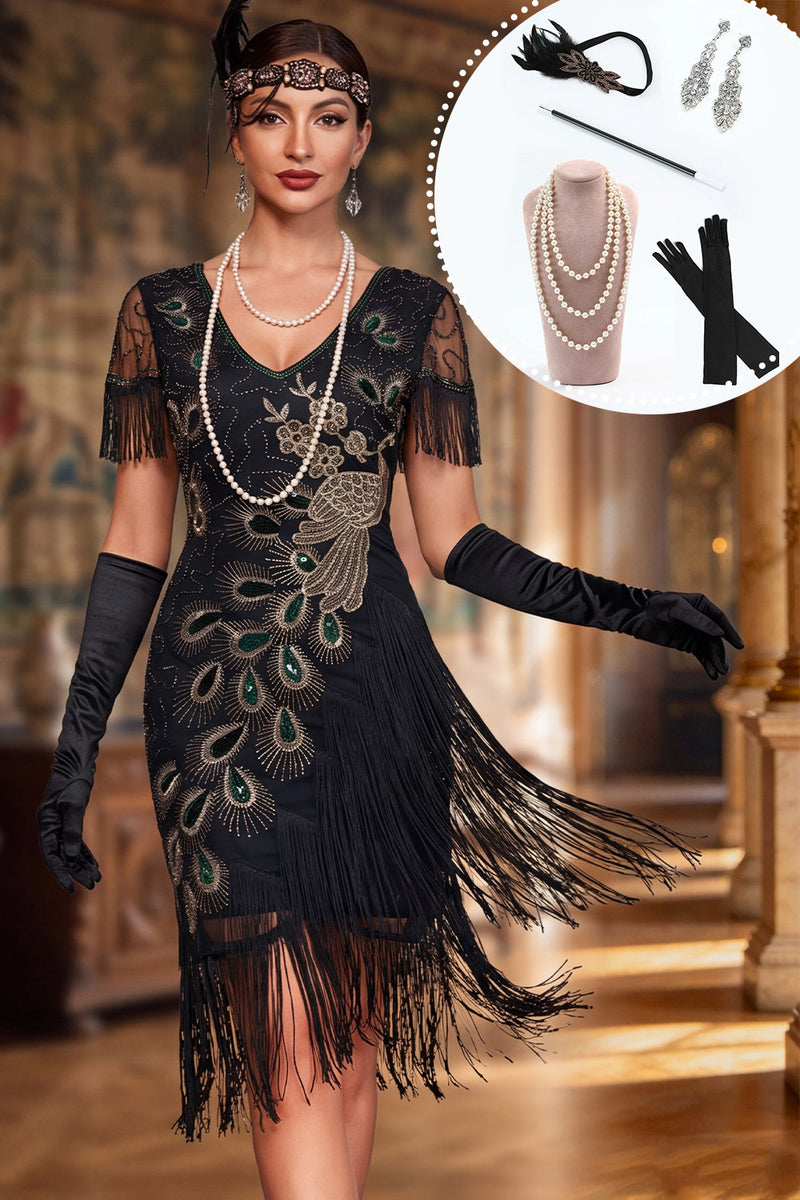 Load image into Gallery viewer, Sparkly Black Bodycon V-Neck Fringed Beaded Midi 1920s Dress with 20s Accessories Set