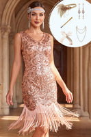 Load image into Gallery viewer, Sparkly Rose Golden Bodycon V-Neck Sequins Fringed Midi 1920s Flapper Dress with 20s Accessories Set