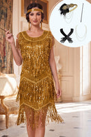 Load image into Gallery viewer, Golden Round Neck Fringed Seuqins Midi 1920s Flapper Dress with 20s Accessories Set