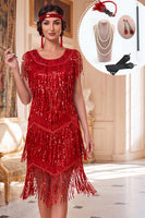 Load image into Gallery viewer, Red Sparkly Sequins Fringed Midi 1920s Flapper Dress with 20s Accessories Set