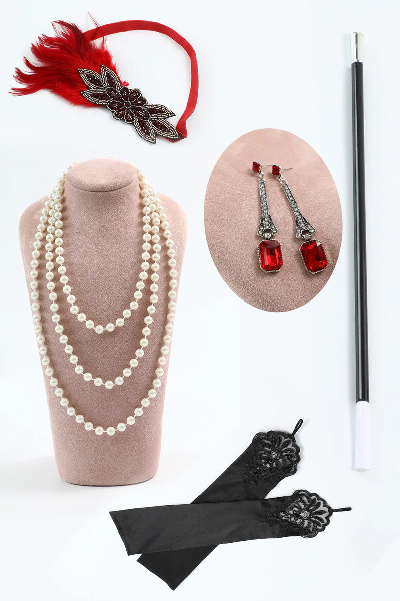 Load image into Gallery viewer, Red Sparkly Sequins Fringed Midi 1920s Flapper Dress with 20s Accessories Set