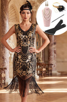 Load image into Gallery viewer, Black Golden Sparkly Bodycon V-Neck Fringed Midi 1920s Dress with 20s Accessories Set