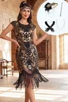 Load image into Gallery viewer, Sparkly Black Golden Fringed Midi 1920s Gatsby Dress with 20s Accessories Set