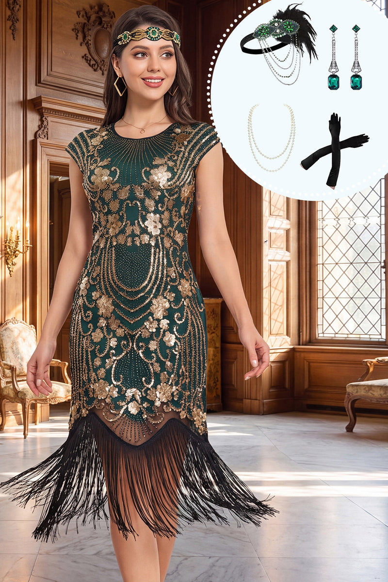 Load image into Gallery viewer, Green Golden Sparkly Fringed Midi 1920s Flapper Dress with 20s Accessories Set