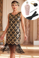 Load image into Gallery viewer, Black Golden Bodycon Sequins Fringed Midi 920s Dress with 20s Accessories Set