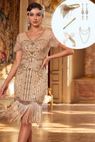 Load image into Gallery viewer, Apricot Bodycon Sparkly Fringed Sequins Midi 1920s Flapper Dress with 20s Accessories Set