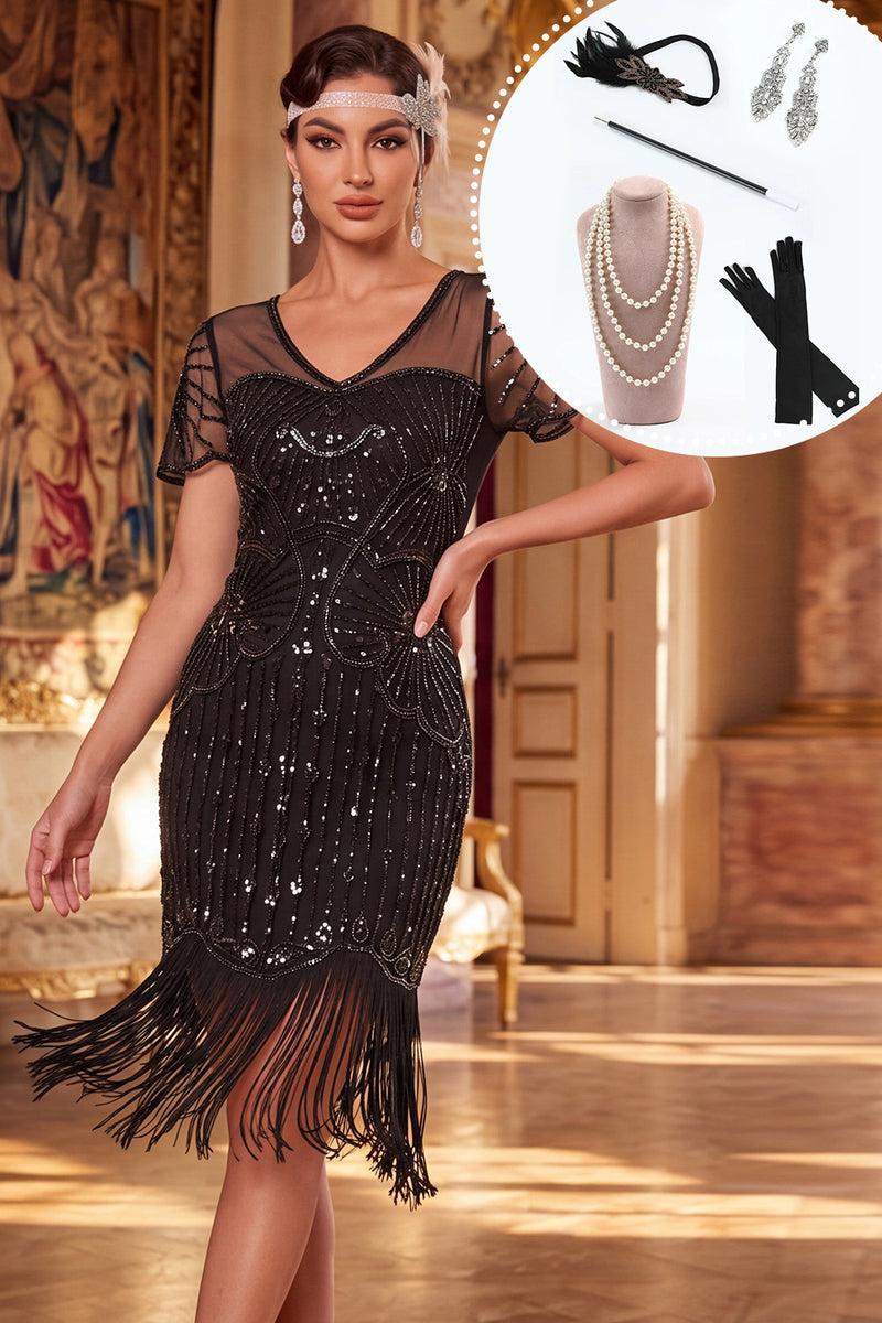 Load image into Gallery viewer, Sparkly Black Tight Beaded Fringed V-Neck Midi 1920s Dress with 20s Accessories Set