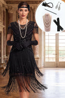 Load image into Gallery viewer, Tiered Black Tight Fringed Sparkly Sequin Midi 1920s Dress with 20s Accessories Set