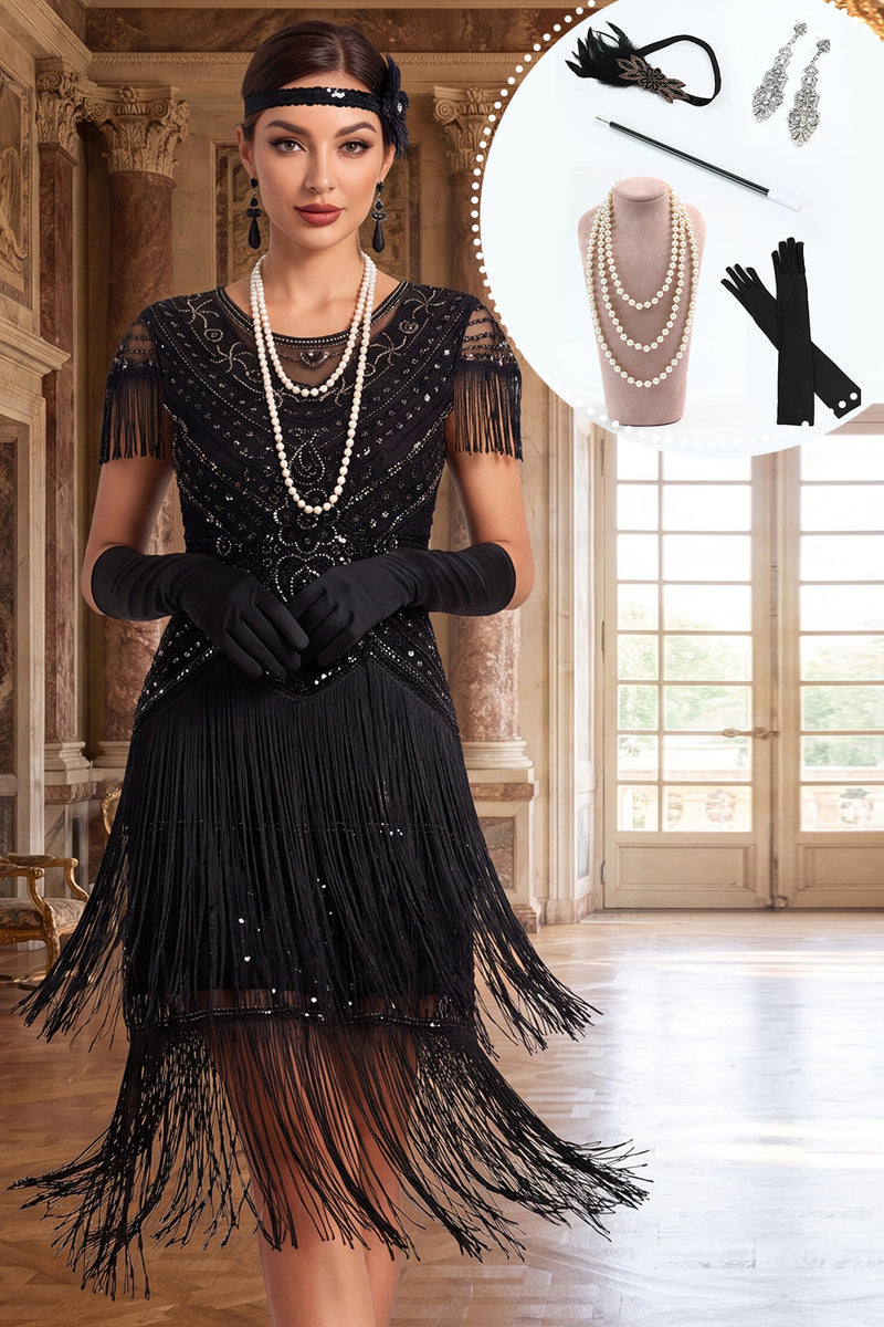 Load image into Gallery viewer, Tiered Black Tight Fringed Sparkly Sequin Midi 1920s Dress with 20s Accessories Set
