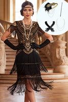 Load image into Gallery viewer, Sparkly Black Golden Tight Fringed Tiered Sequin Midi 1920s Dress with 20s Accessories Set