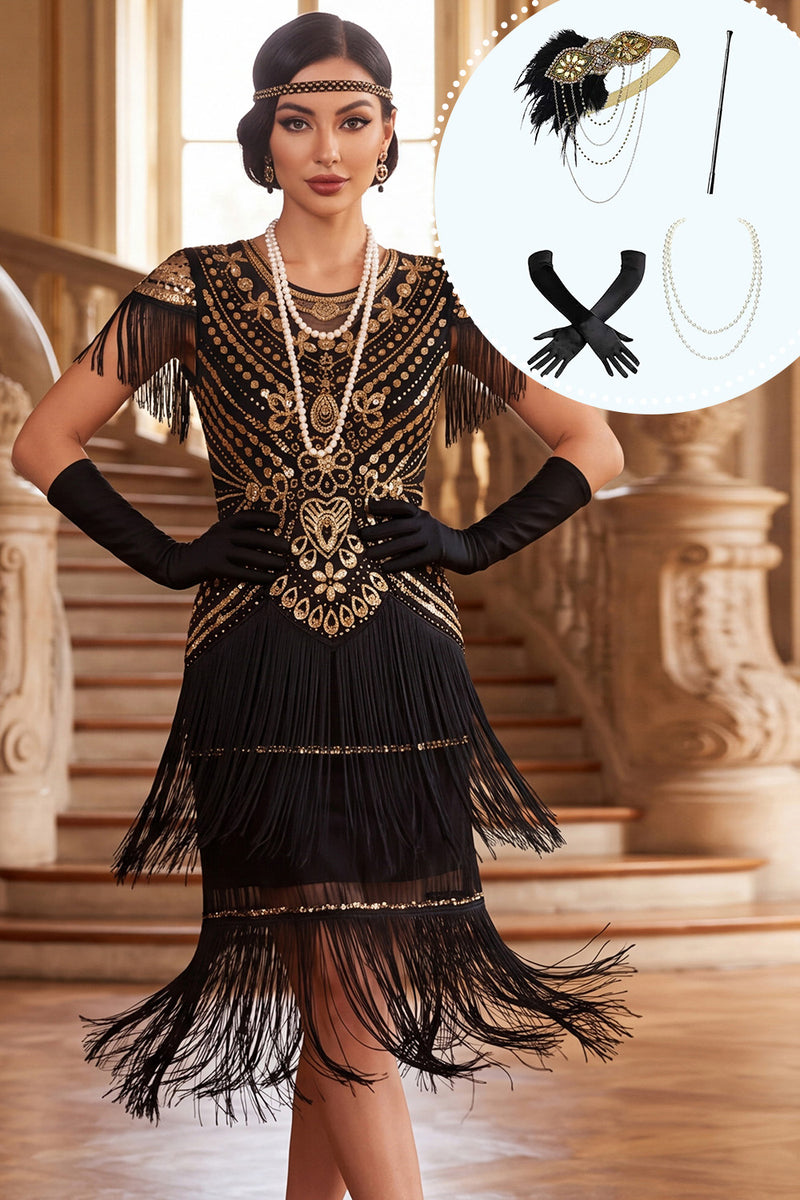 Load image into Gallery viewer, Sparkly Black Golden Tight Fringed Tiered Sequin Midi 1920s Dress with 20s Accessories Set