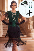 Load image into Gallery viewer, Black Green Tight Tiered Sparkly Sequin Fringed Midi 1920s Dress with 20s Accessories Set