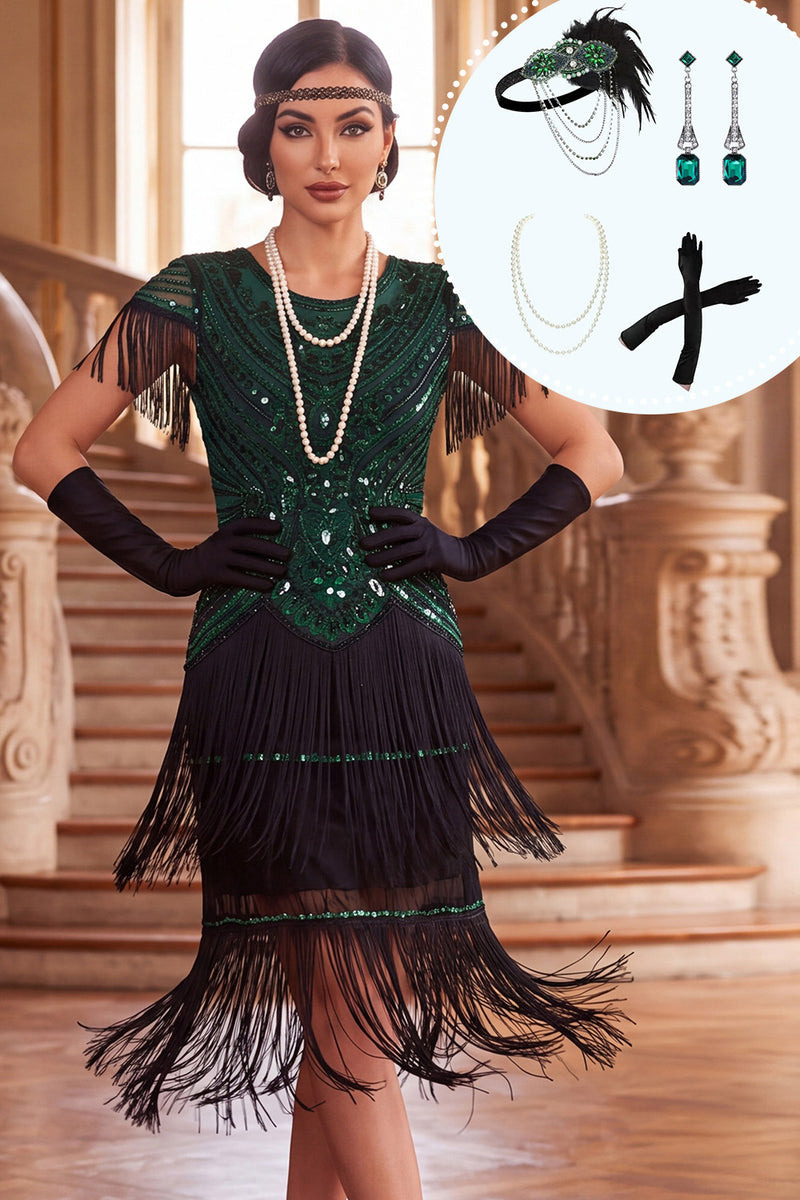 Load image into Gallery viewer, Black Green Tight Tiered Sparkly Sequin Fringed Midi 1920s Dress with 20s Accessories Set