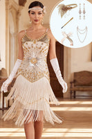 Load image into Gallery viewer, Sparkly Apricot Fringed Tight Tiered Sequin Midi 1920s Dress with 20s Accessories Set