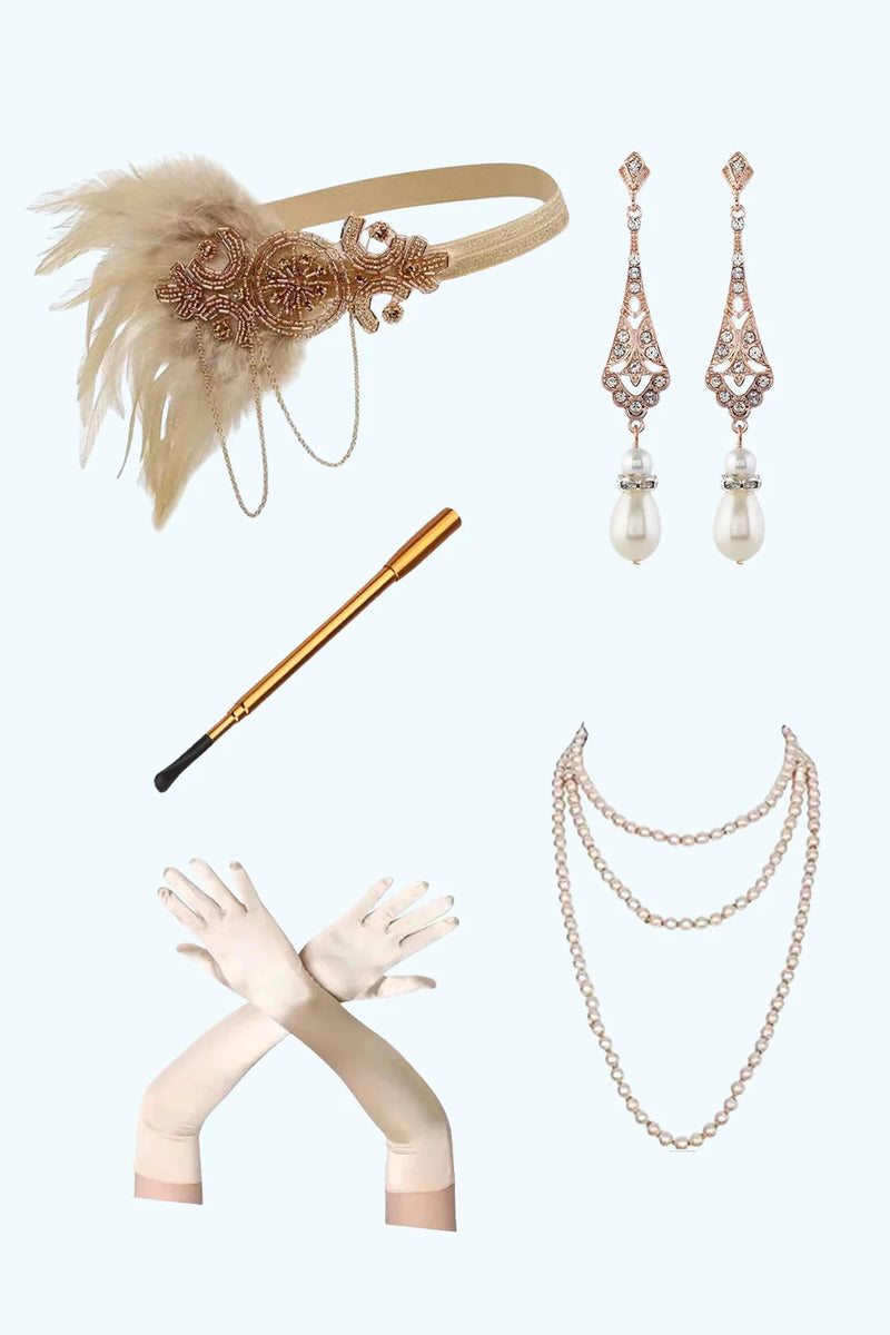 Load image into Gallery viewer, Sparkly Apricot Fringed Tight Tiered Sequin Midi 1920s Dress with 20s Accessories Set