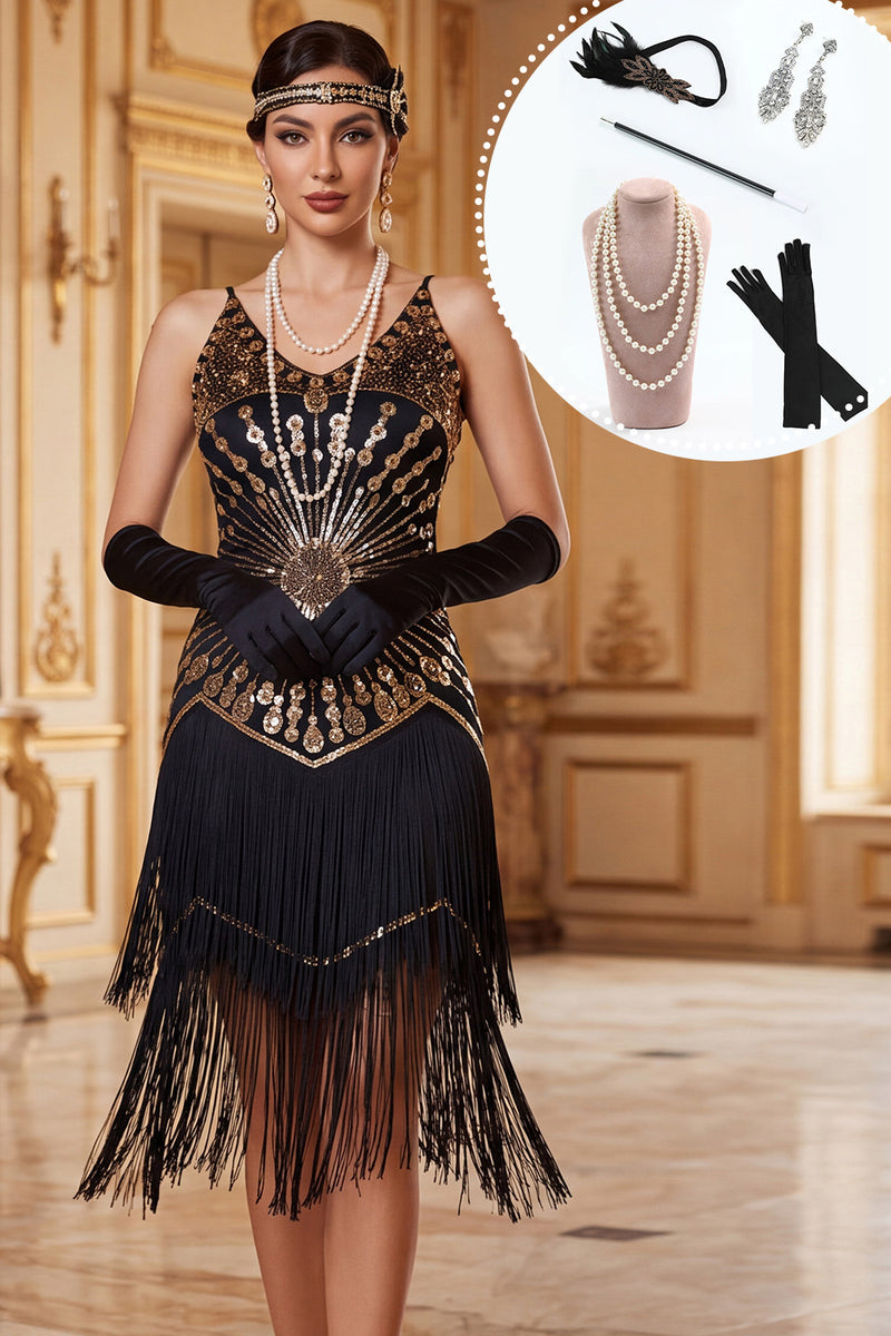Load image into Gallery viewer, Sparkly Black Golden Tight Sequin Tiered Fringed Midi 1920s Dress with 20s Accessories Set