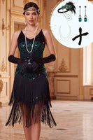 Load image into Gallery viewer, Tight Black Green Tiered Fringed Sparkly Sequin Midi 1920s Dress with 20s Accessories Set