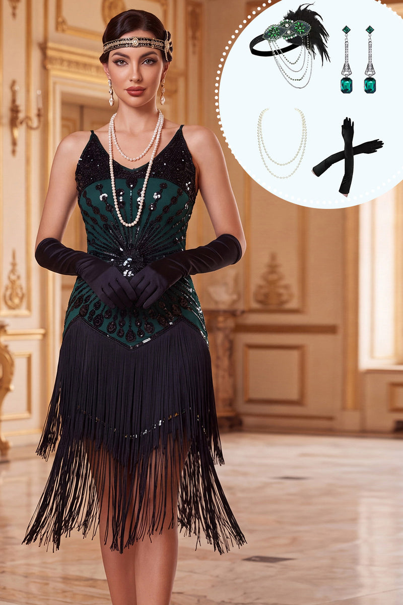 Load image into Gallery viewer, Tight Black Green Tiered Fringed Sparkly Sequin Midi 1920s Dress with 20s Accessories Set