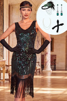 Load image into Gallery viewer, Sparkly Black Green Tight Beaded Sequin Floral Fringed Midi 1920s Dress with 20s Accessories Set