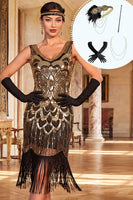 Load image into Gallery viewer, Tight Black Golden Floral Sparkly Sequin Beaded Fringed Midi 1920s Dress with 20s Accessories Set