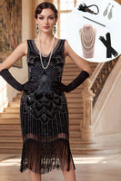Load image into Gallery viewer, Floral Black Tight Sparkly Beaded Sequin Fringed Midi 1920s Dress with 20s Accessories Set