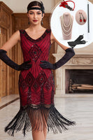 Load image into Gallery viewer, Tight Black Red Sparkly Sequin Fringed Midi 1920s Dress with 20s Accessories Set
