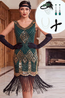 Load image into Gallery viewer, Green Golden Sparkly Tight Sequin Fringed Midi 1920s Dress with 20s Accessories Set