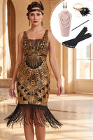 Load image into Gallery viewer, Sparkly Black Golden Tight Fringed Sequin V-Neck Midi 1920s Dress with 20s Accessories Set
