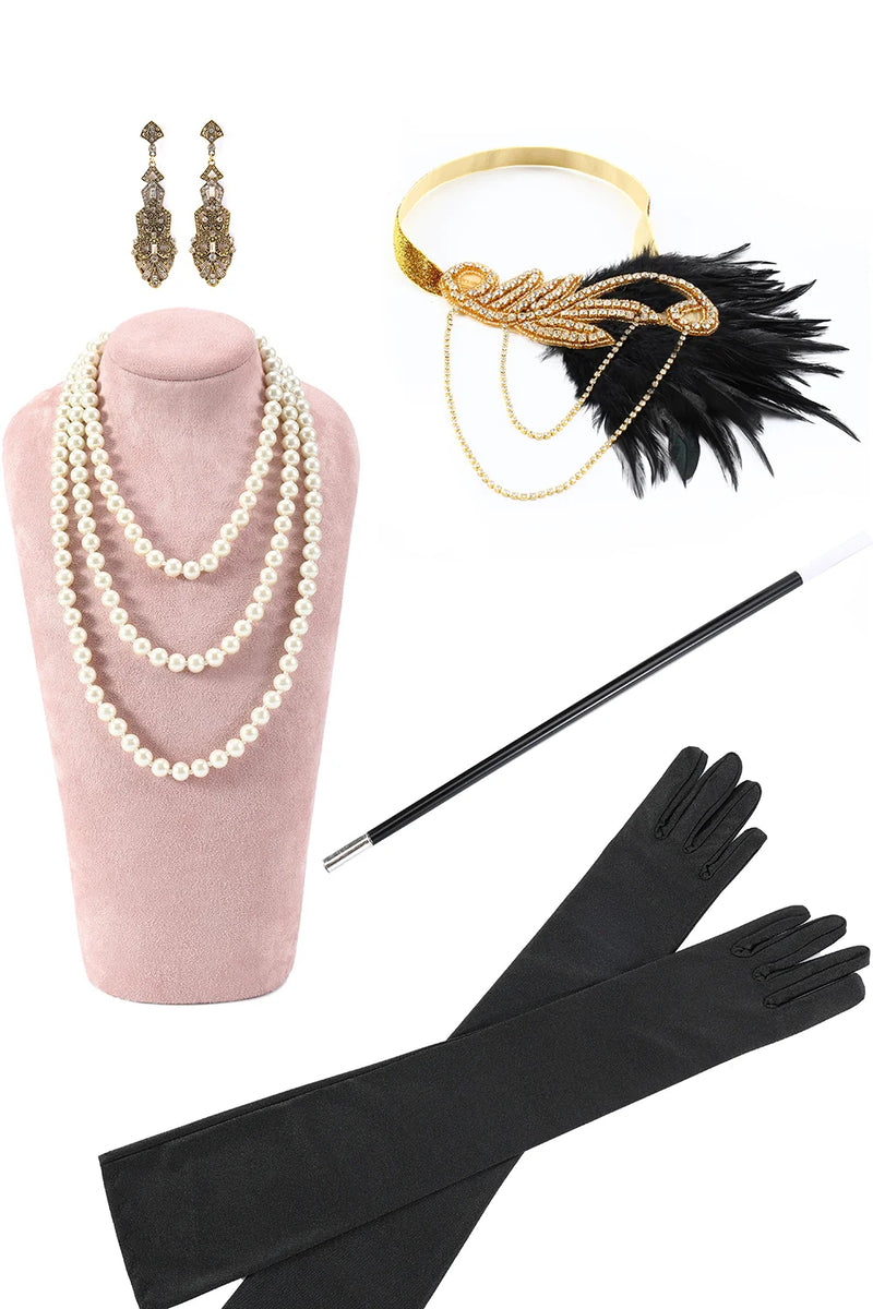 Load image into Gallery viewer, Sparkly Black Golden Tight Fringed Sequin V-Neck Midi 1920s Dress with 20s Accessories Set