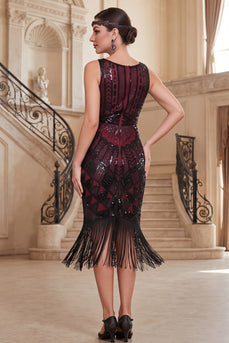 Tight Black Red Fringed Sparkly Sequin V-Neck Midi 1920s Dress with 20s Accessories Set