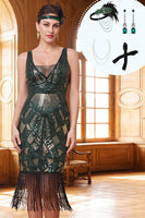 Load image into Gallery viewer, Dark Green Tight Sparkly Sequin Fringed V-Neck Midi 1920s Dress with 20s Accessories Set