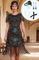 Load image into Gallery viewer, Sparkly Sequin Black Green Fringed Tight Floral Short 1920s Dress with 20s Accessories Set