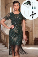 Load image into Gallery viewer, Fringed Dark Green Sparkly Sequin Beaded Midi 1920s Dress with 20s Accessories Set
