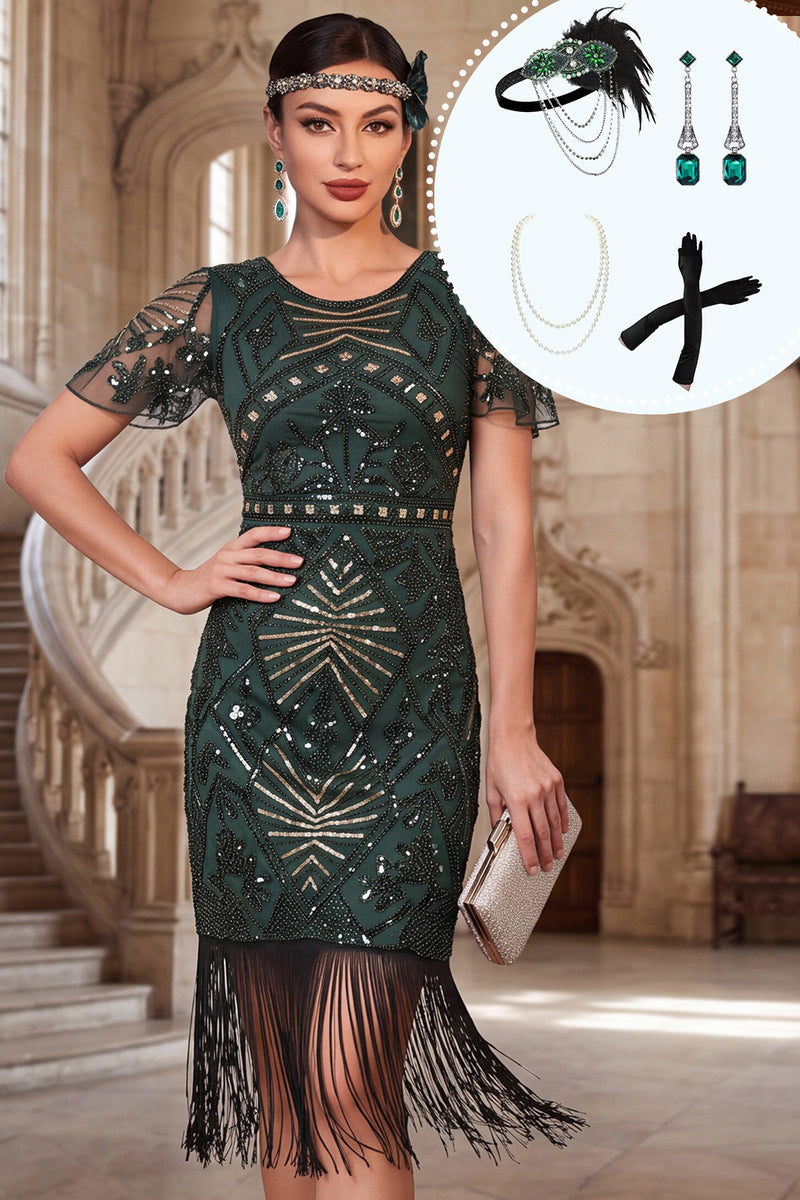 Load image into Gallery viewer, Fringed Dark Green Sparkly Sequin Beaded Midi 1920s Dress with 20s Accessories Set