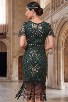 Fringed Dark Green Sparkly Sequin Beaded Midi 1920s Dress with 20s Accessories Set