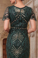 Load image into Gallery viewer, Fringed Dark Green Sparkly Sequin Beaded Midi 1920s Dress with 20s Accessories Set