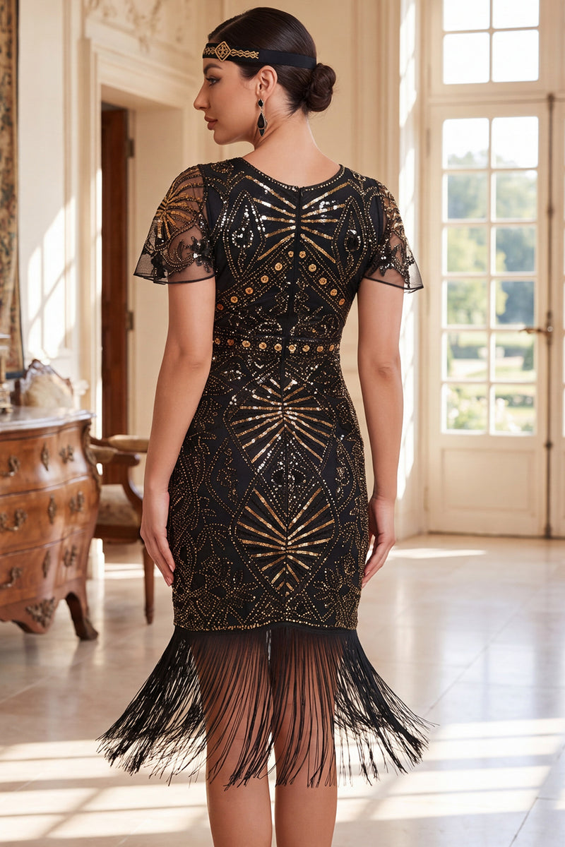 Load image into Gallery viewer, Sparkly Sequin Black Golden Beaded Fringed Midi 1920s Dress with 20s Accessories Set