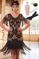 Load image into Gallery viewer, Fringed Black Golden Floral Tight Sparkly Sequin Midi 1920s Dress with 20s Accessories Set