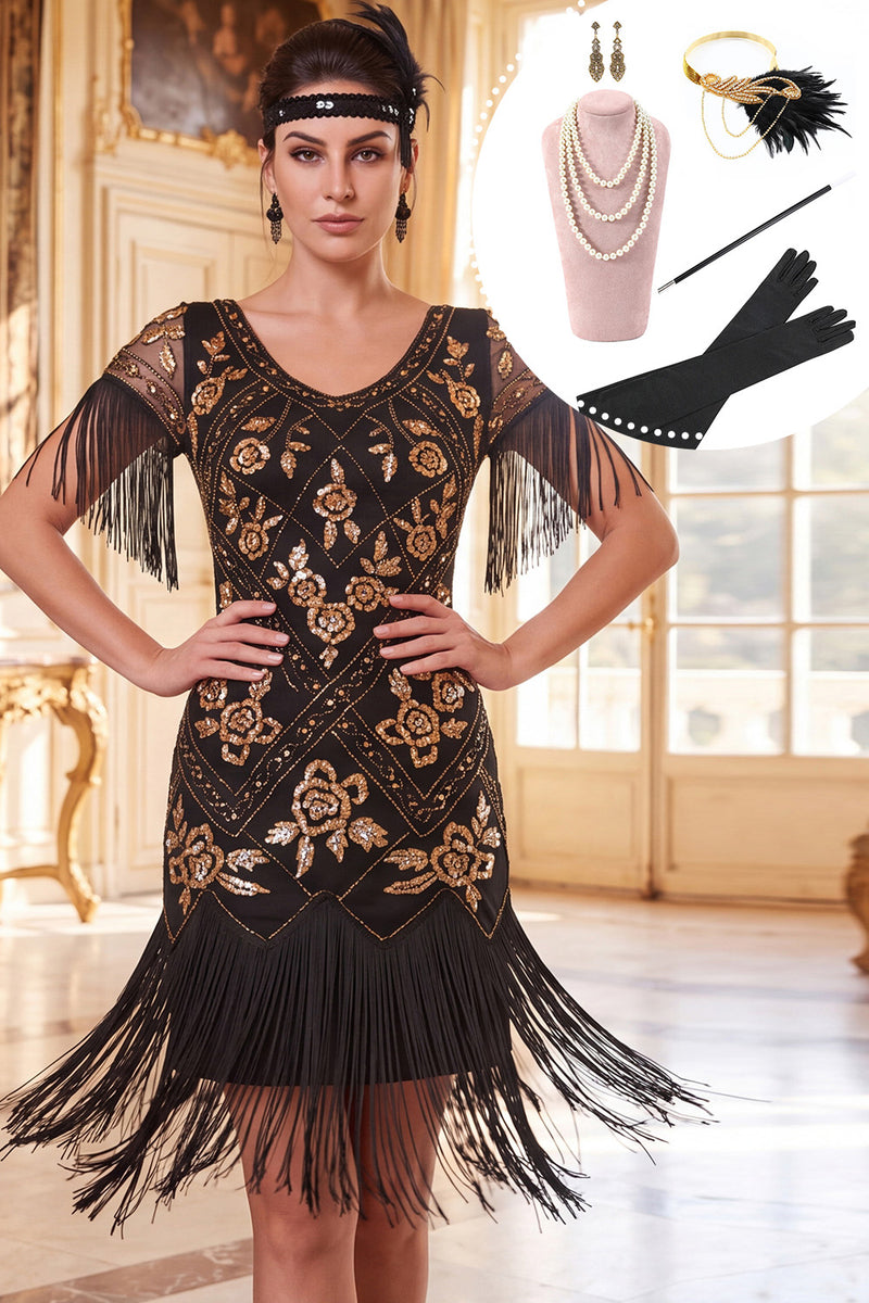 Load image into Gallery viewer, Fringed Black Golden Floral Tight Sparkly Sequin Midi 1920s Dress with 20s Accessories Set