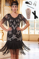 Load image into Gallery viewer, Sparkly Black Silver Floral Tight Sequin Fringed Midi 1920s Dress with 20s Accessories Set