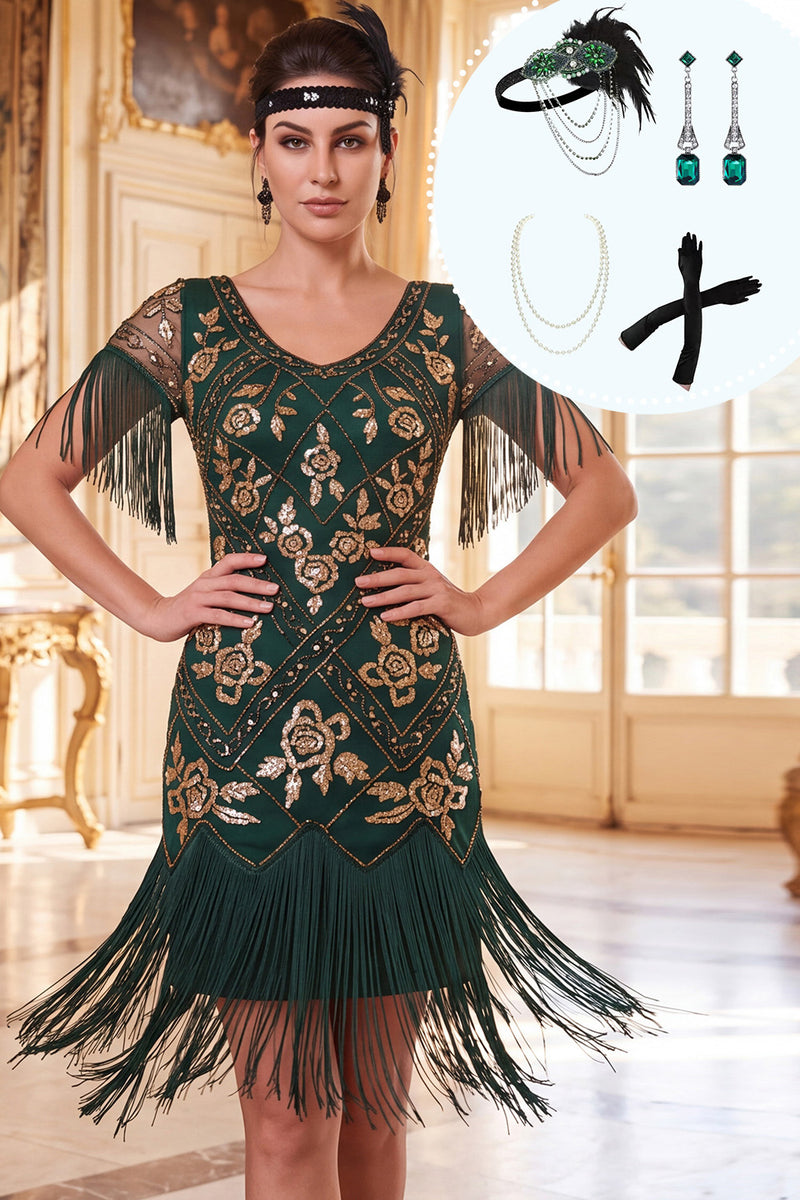 Load image into Gallery viewer, Floral Green Golden Tight Sparkly Sequin Fringed Midi 1920s Dress with 20s Accessories Set