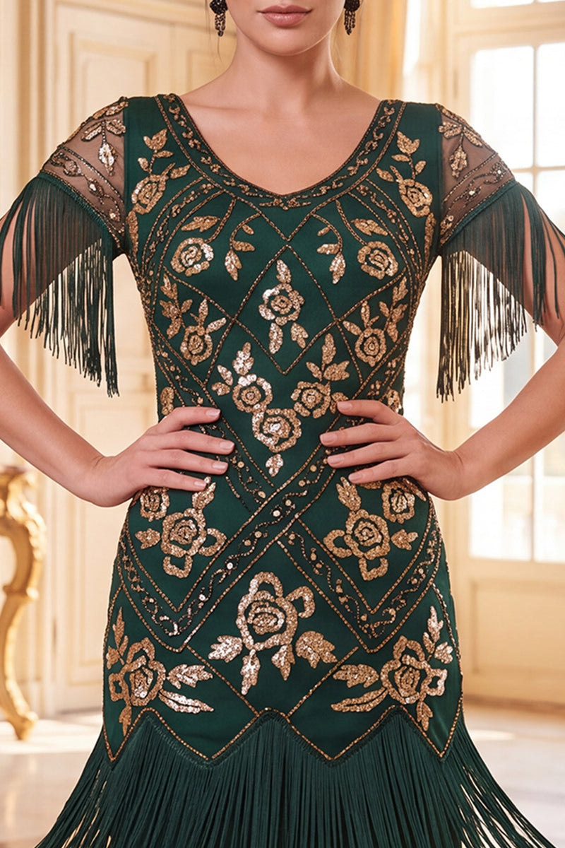 Load image into Gallery viewer, Floral Green Golden Tight Sparkly Sequin Fringed Midi 1920s Dress with 20s Accessories Set