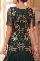 Load image into Gallery viewer, Floral Green Golden Tight Sparkly Sequin Fringed Midi 1920s Dress with 20s Accessories Set