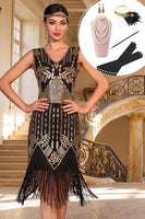 Load image into Gallery viewer, Sparkly Black Golden Tight Sequin Beaded Fringed Midi 1920s Dress with 20s Accessories Set
