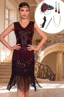 Load image into Gallery viewer, Black Red Tight Fringed Sparkly Sequin V-Neck Midi 1920s Dress with 20s Accessories Set
